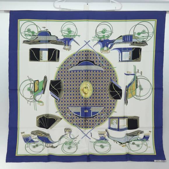 HERMES Carre 90  ""LES VOITURES A TRANSFORMATION"" Silk Blue Auth am6603 - Picture 13 of 14